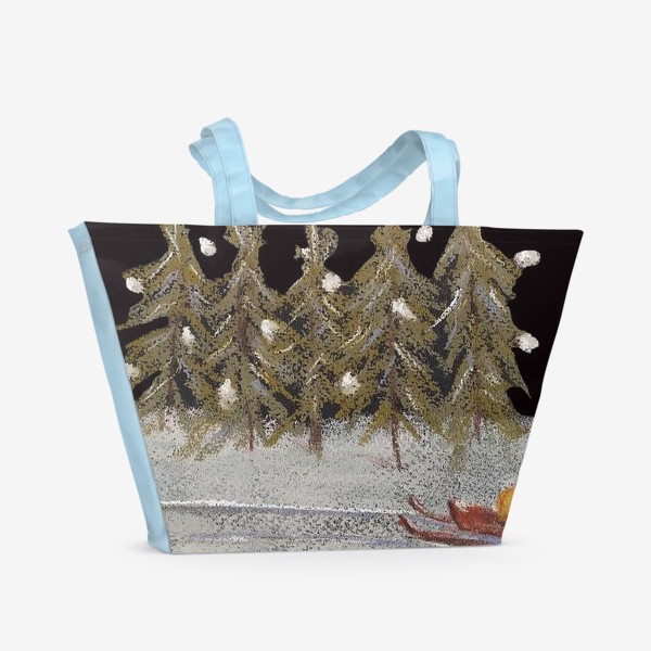 Пляжная сумка «Зимний лес Сани с подарком Новогоднее настроение Праздник Пастель»
