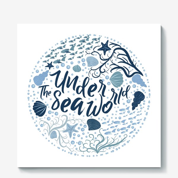 Холст «Подводный мир, надпись в рамке из воды, рыб, водорослей в скандинавском стиле»