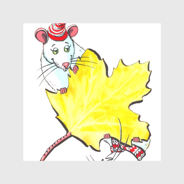 Скатерть «Акварель белые крысы в теплой шапке и кленовый лист»