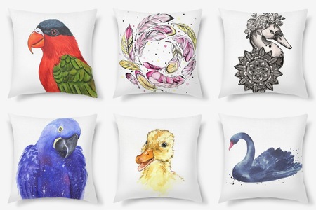 Декоративные подушки с павлинами, попугаями, лебедями, утками и перышками