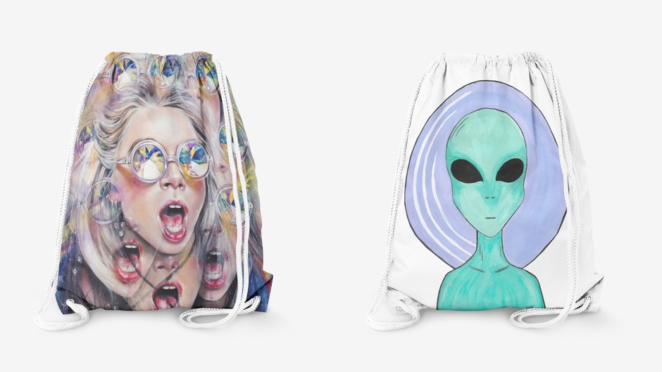 Рюкзак-мешок «Инопланетянин» от NirvanaNirvana; рюкзак-мешок «'PERCEPTION' - Калейдоскоп» от Тани Шацевой

